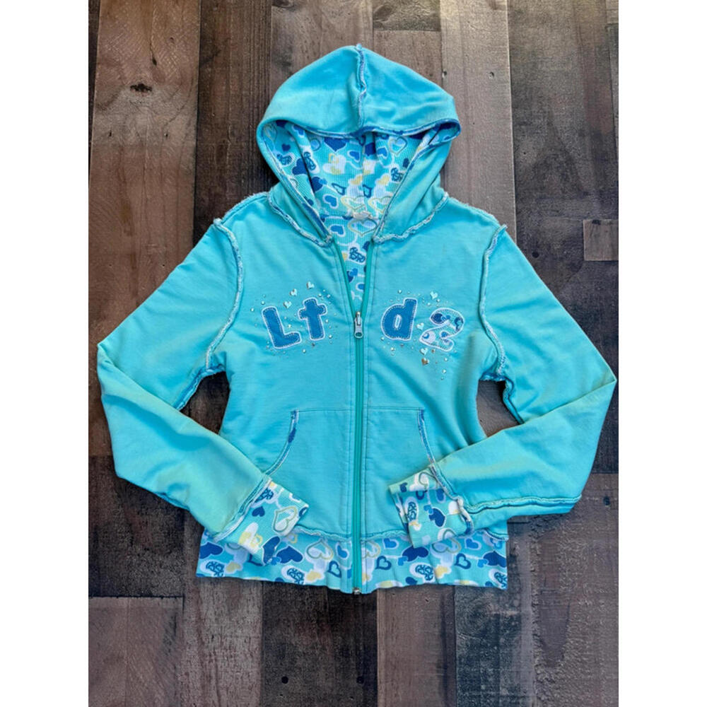 The Limited Too LTD2 Y2K Kid Girl Cute Aqua Heart Warm Hoodie Size 14